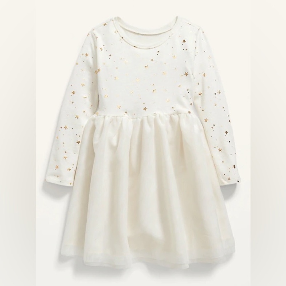 NWT Old Navy Long Sleeve Tulle Tutu Dress White Crème Stars 2T Toddler Girls